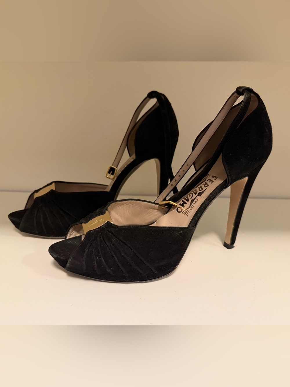 Salvatore Ferragamo Black Suede Peep-Toe Ankle-Strap Heels